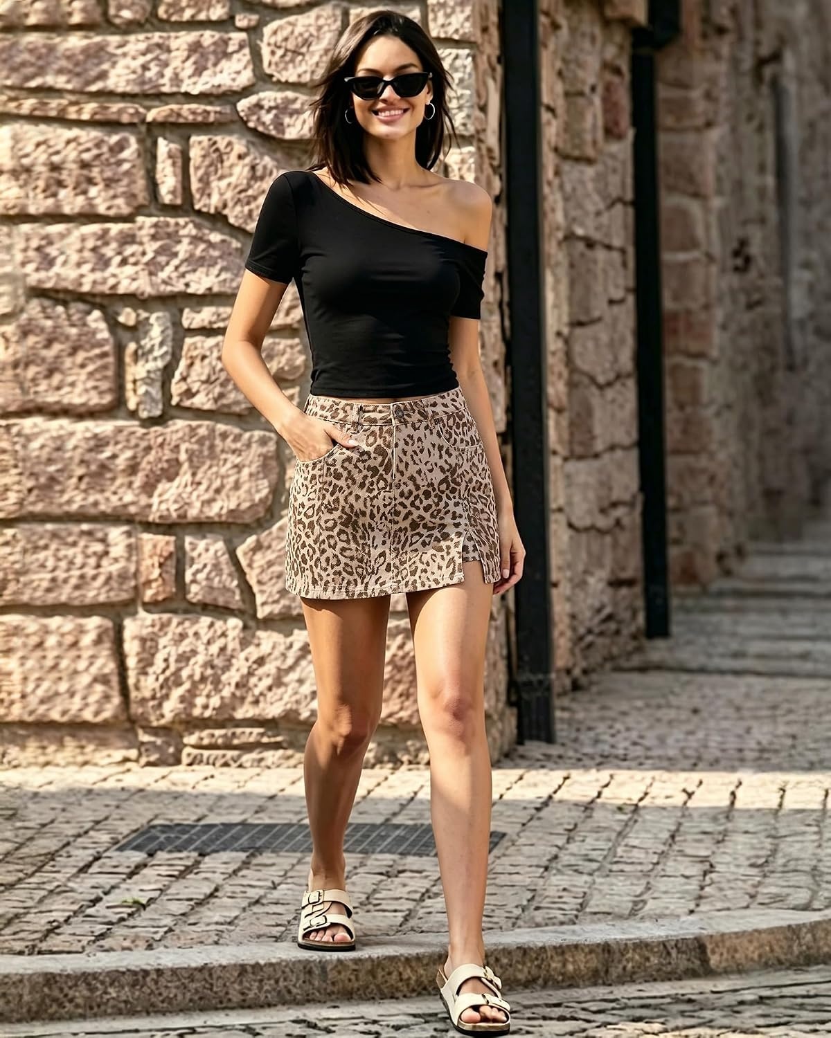 image:imageLookbookStore Denim Skorts for Woman Leopard Cheetah Print Mini Skirt with Shorts High Waisted Stretchy Slit Jean SkortSandshell Leopard