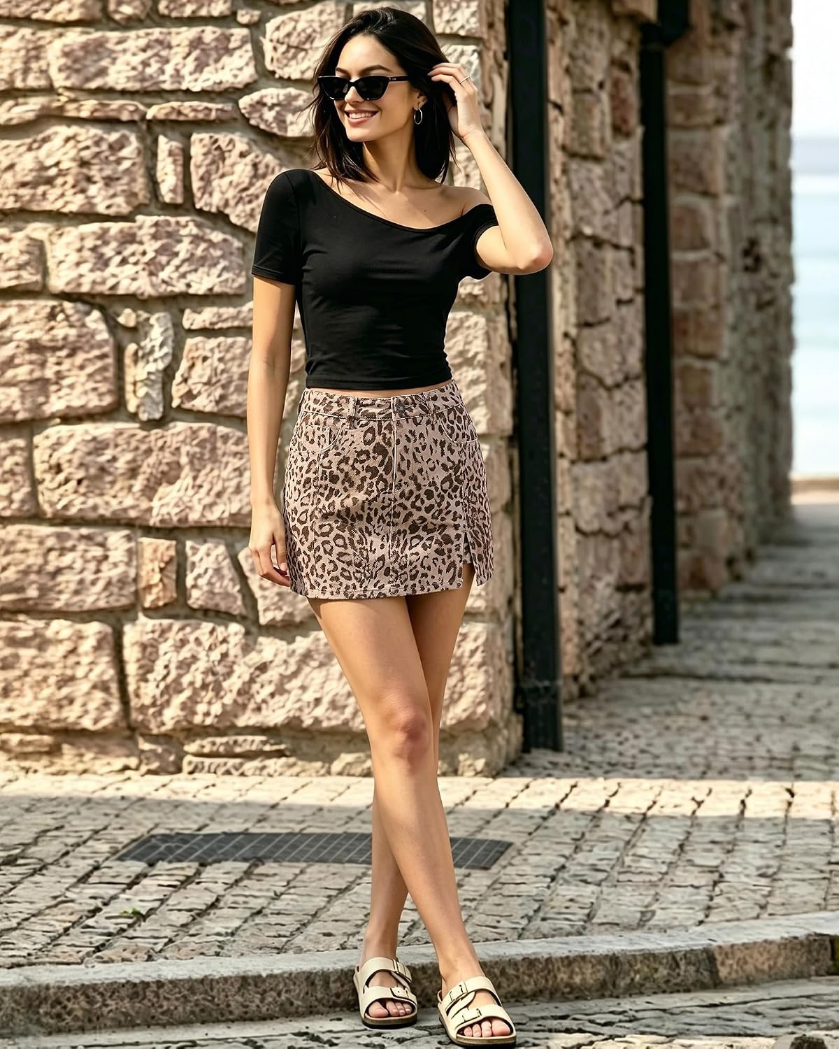 image:imageLookbookStore Denim Skorts for Woman Leopard Cheetah Print Mini Skirt with Shorts High Waisted Stretchy Slit Jean SkortSandshell Leopard