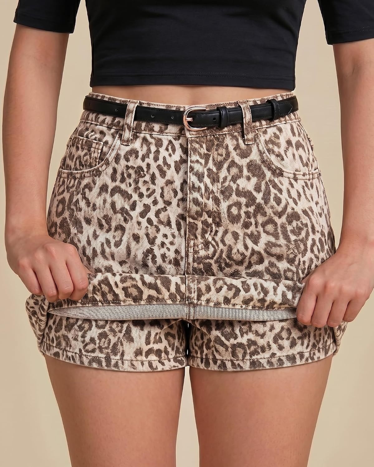 image:imageLookbookStore Denim Skorts for Woman Leopard Cheetah Print Mini Skirt with Shorts High Waisted Stretchy Slit Jean SkortSandshell Leopard