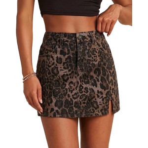 LookbookStore Denim Skorts for Woman Leopard Cheetah Print Mini Skirt with Shorts High Waisted Stretchy Slit Jean Skort(Brown Leopard)