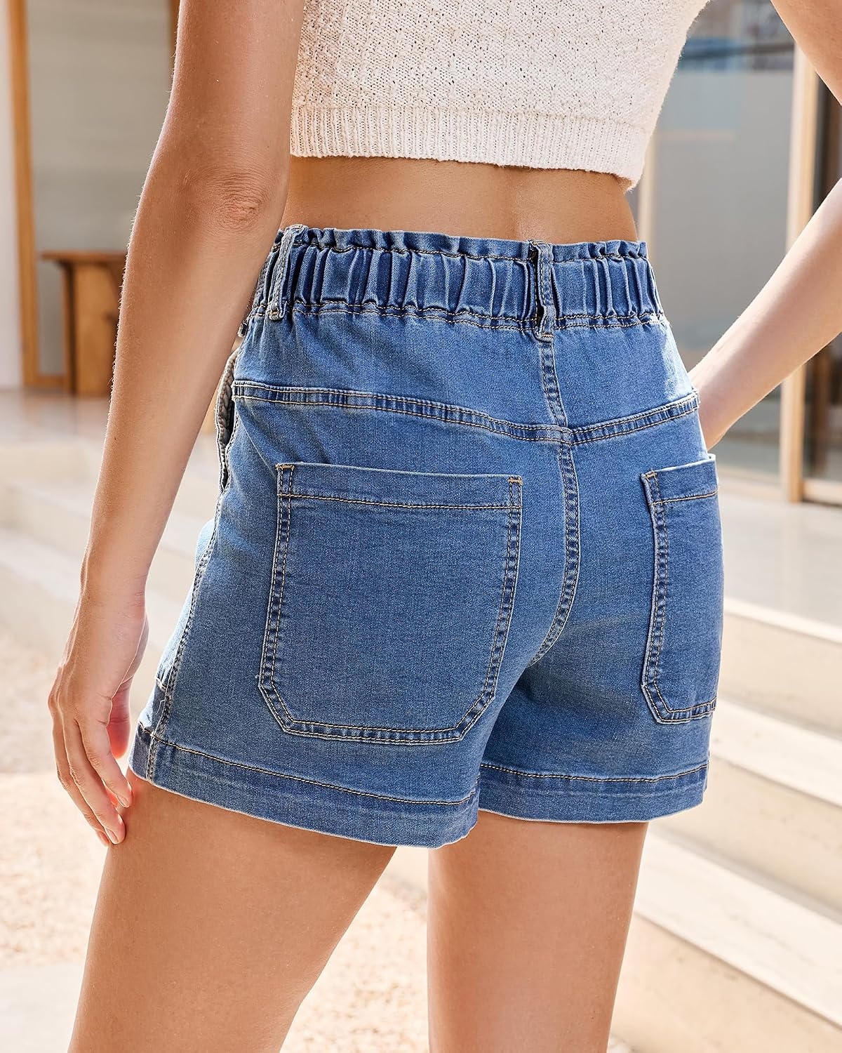 image:imageLookbookStore Jean Shorts for Women High Waisted Drawstring Pull On Elastic Waist Stretchy Denim Shorts Wide Leg JortsMedium Blue