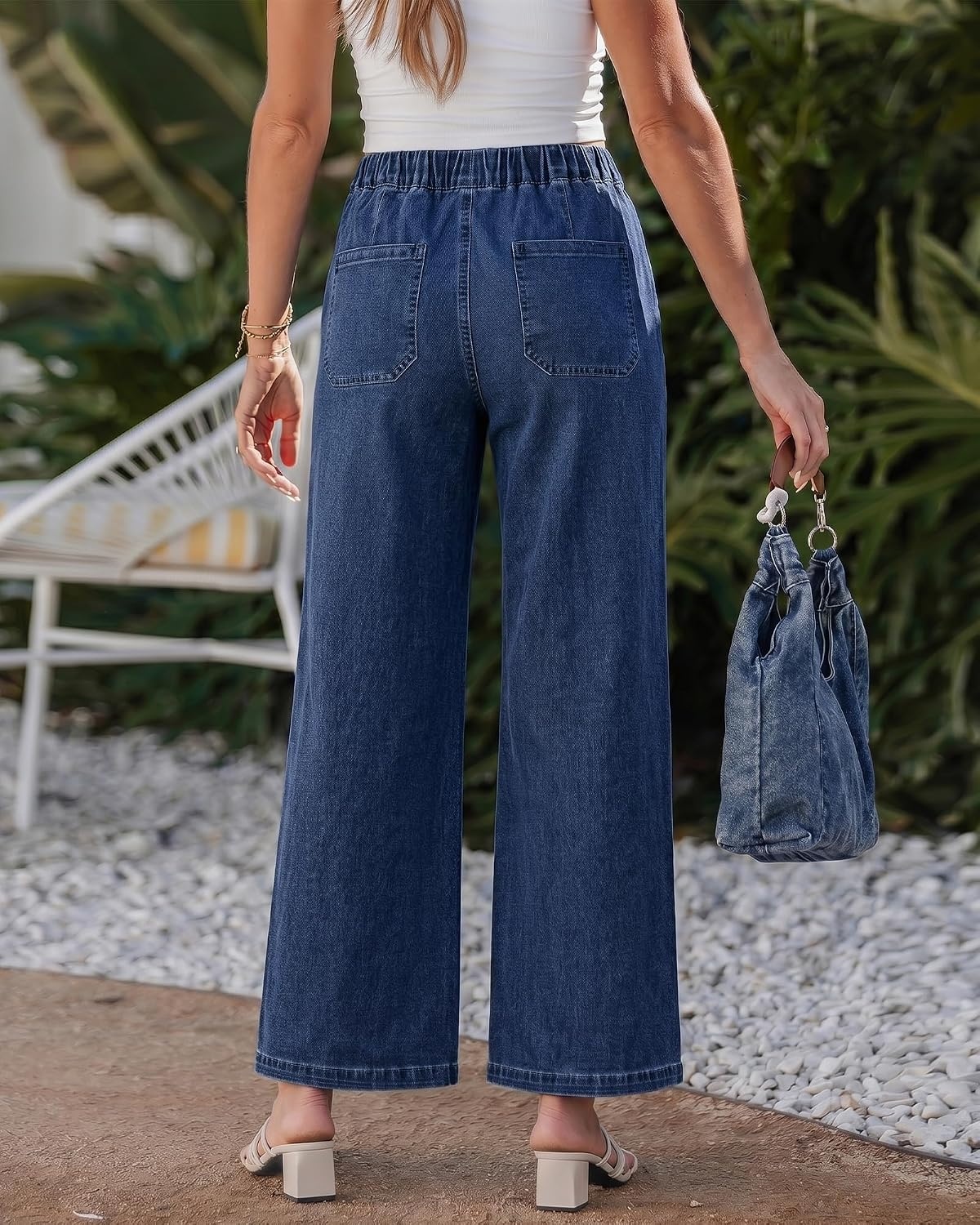 image:imageLookbookStore Wide Leg Jeans for Women Elastic Waist Drawstring Denim Pants High Waisted 29 Inch Inseam Stretchy Trendy Pull On Jeans with Pockets Baggy Loose Fit 2026 Fall Winter Western OutfitsDarkness Blue