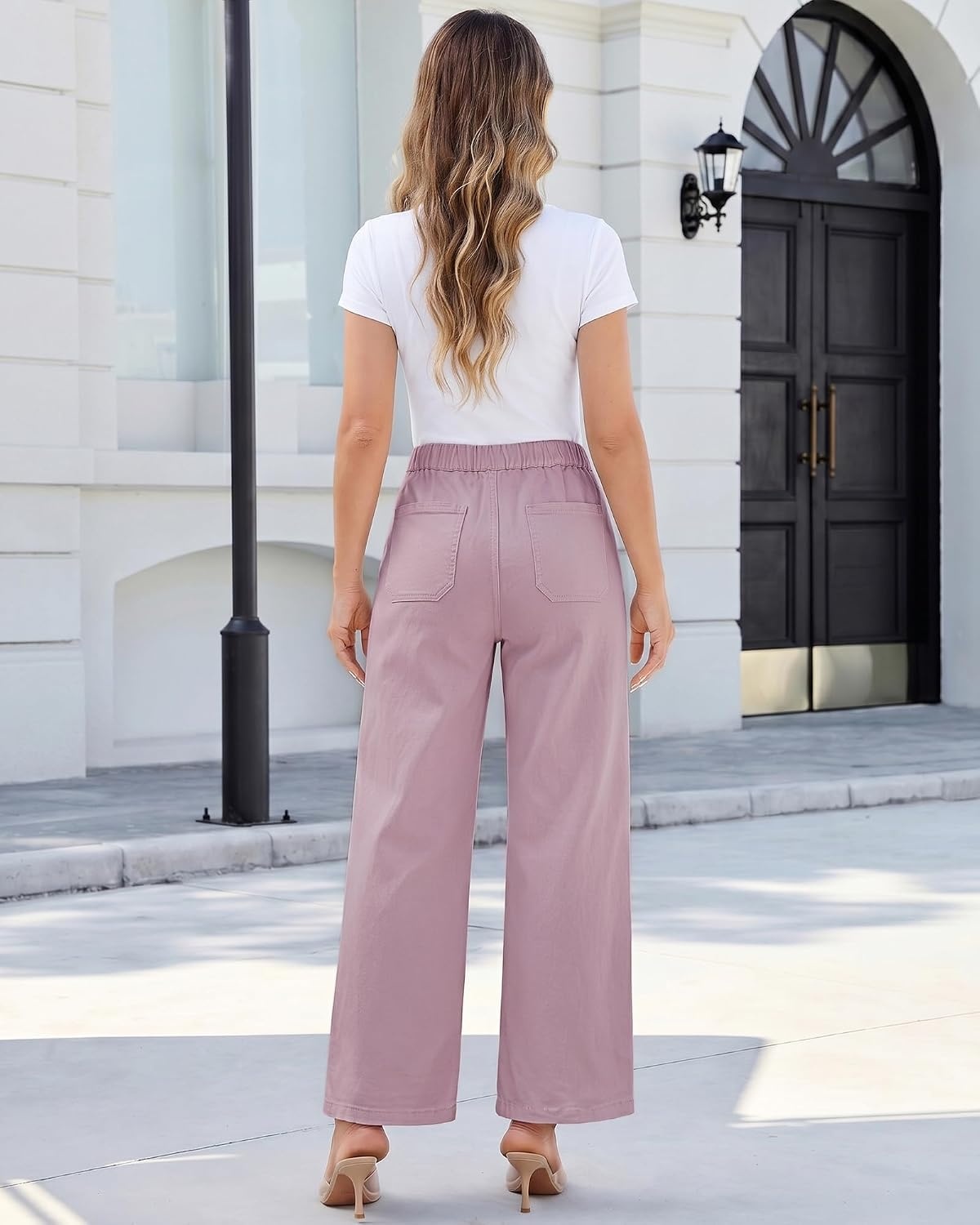 image:imageLookbookStore Wide Leg Jeans for Women Elastic Waist Drawstring Denim Pants High Waisted 29 Inch Inseam Stretchy Trendy Pull On Jeans with Pockets Baggy Loose Fit 2026 Fall Winter Western OutfitsBleached Mauve