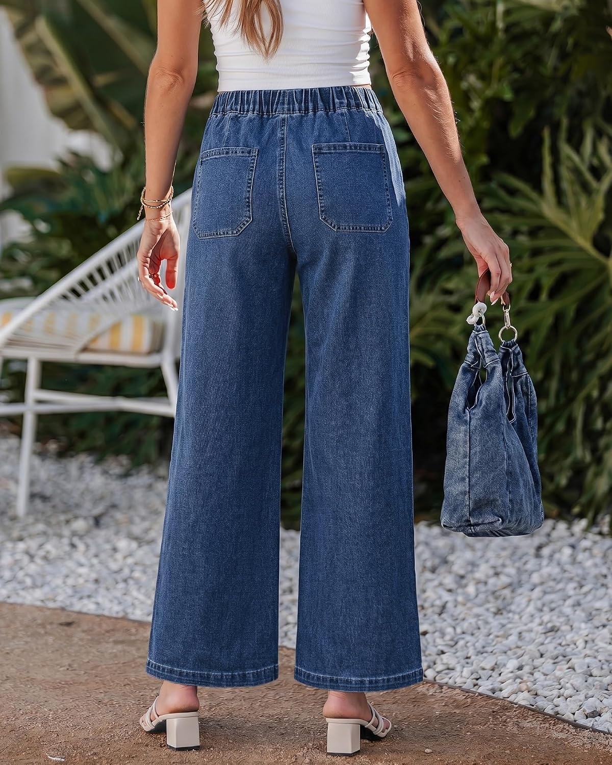 image:imageLookbookStore Wide Leg Jeans for Women Elastic Waist Drawstring Denim Pants High Waisted 29 Inch Inseam Stretchy Trendy Pull On Jeans with Pockets Baggy Loose Fit 2026 Fall Winter Western OutfitsClassic Blue