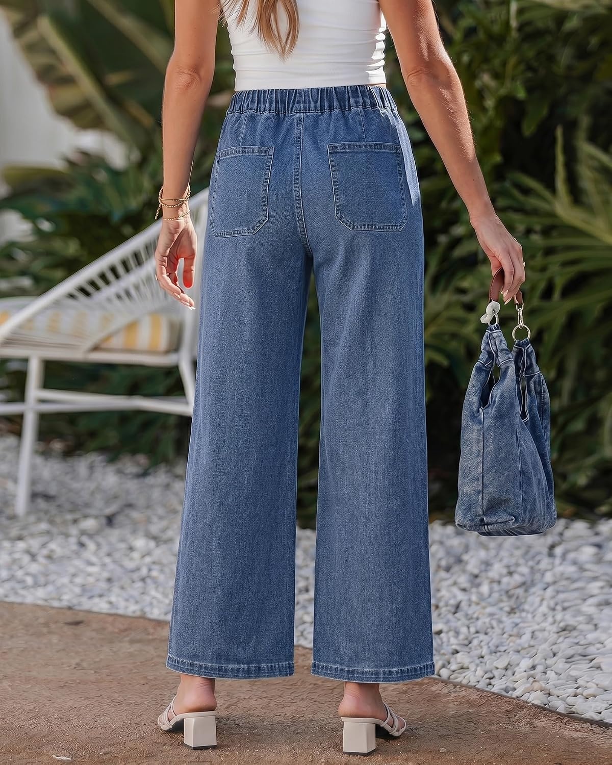 image:imageLookbookStore Wide Leg Jeans for Women Elastic Waist Drawstring Denim Pants High Waisted 29 Inch Inseam Stretchy Trendy Pull On Jeans with Pockets Baggy Loose Fit 2026 Fall Winter Western OutfitsMedium Blue