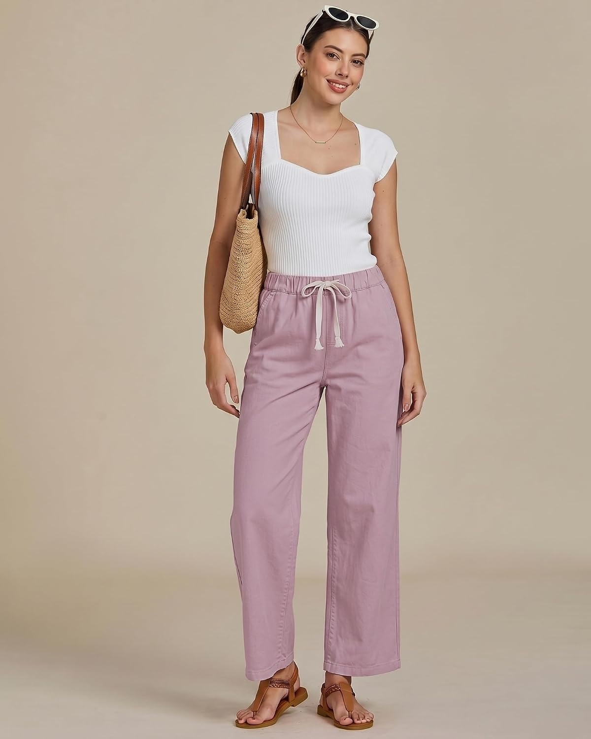 image:imageLookbookStore Wide Leg Jeans for Women Elastic Waist Drawstring Denim Pants High Waisted 29 Inch Inseam Stretchy Trendy Pull On Jeans with Pockets Baggy Loose Fit 2026 Fall Winter Western OutfitsBleached Mauve