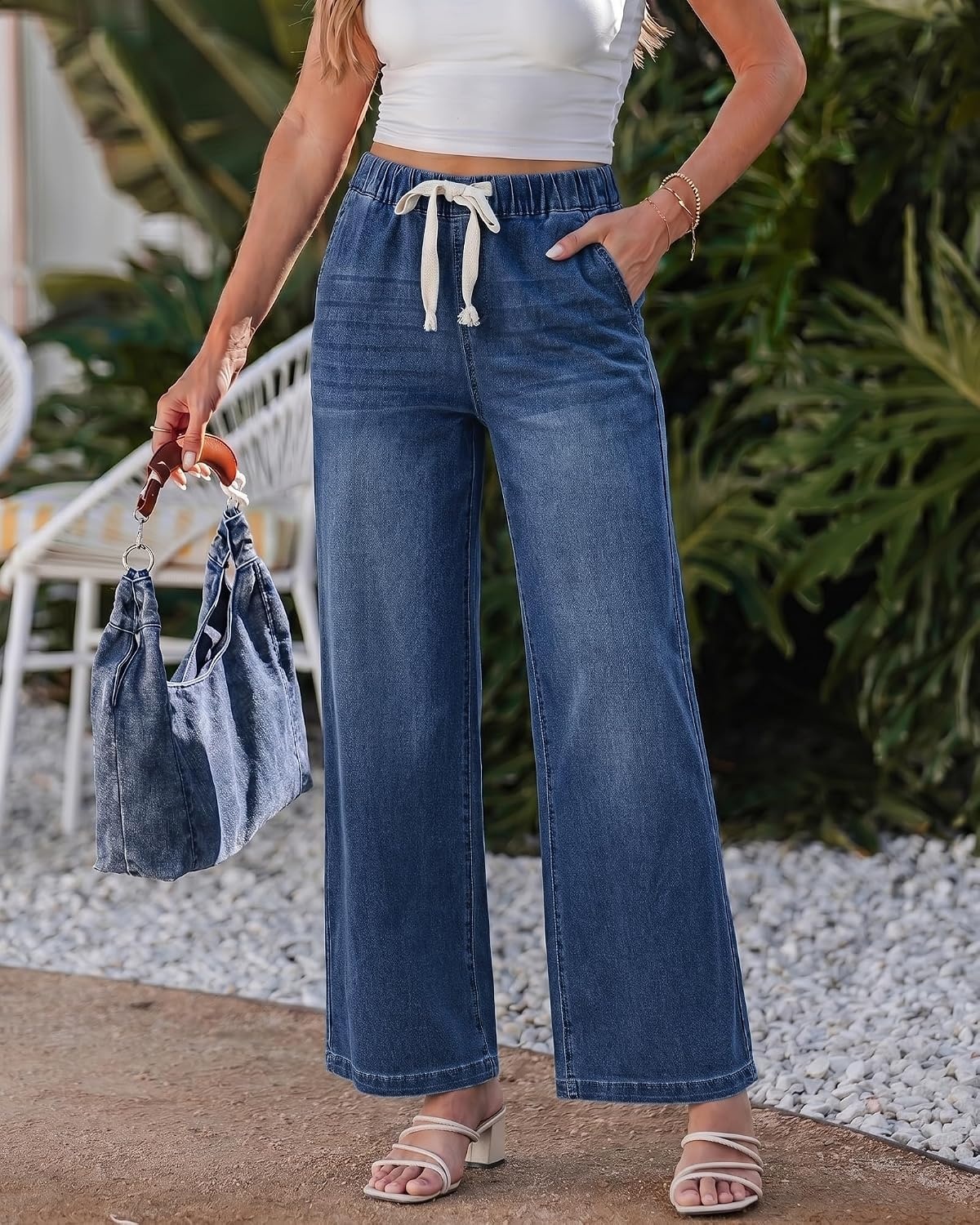 image:imageLookbookStore Wide Leg Jeans for Women Elastic Waist Drawstring Denim Pants High Waisted 29 Inch Inseam Stretchy Trendy Pull On Jeans with Pockets Baggy Loose Fit 2026 Fall Winter Western OutfitsClassic Blue