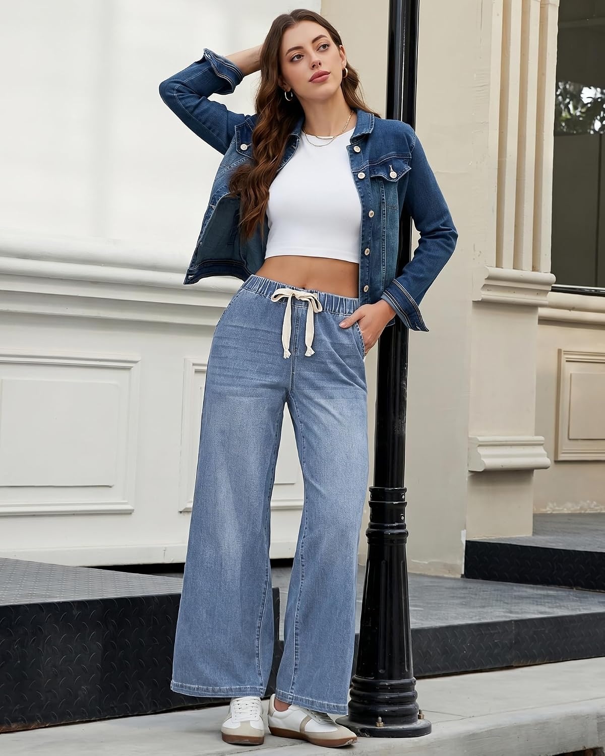 image:imageLookbookStore Wide Leg Jeans for Women Elastic Waist Drawstring Denim Pants High Waisted 29 Inch Inseam Stretchy Trendy Pull On Jeans with Pockets Baggy Loose Fit 2026 Fall Winter Western OutfitsModern Blue