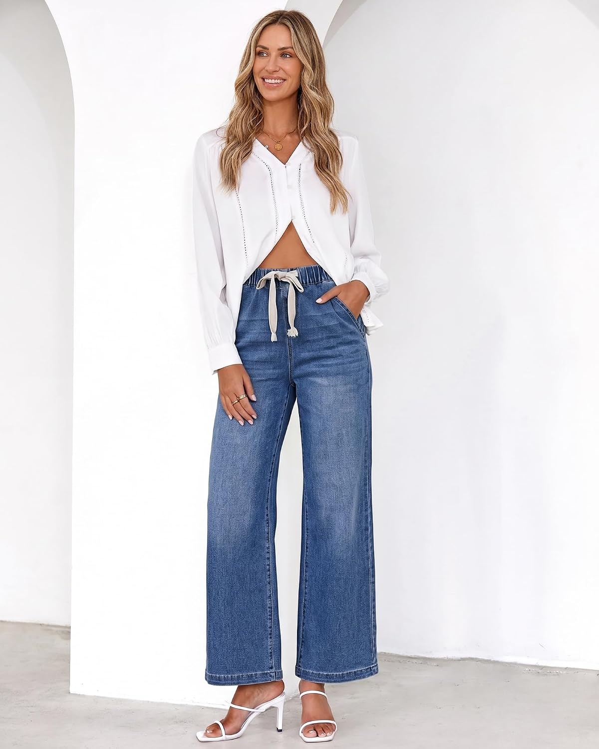 image:imageLookbookStore Wide Leg Jeans for Women Elastic Waist Drawstring Denim Pants High Waisted 29 Inch Inseam Stretchy Trendy Pull On Jeans with Pockets Baggy Loose Fit 2026 Fall Winter Western OutfitsMedium Blue