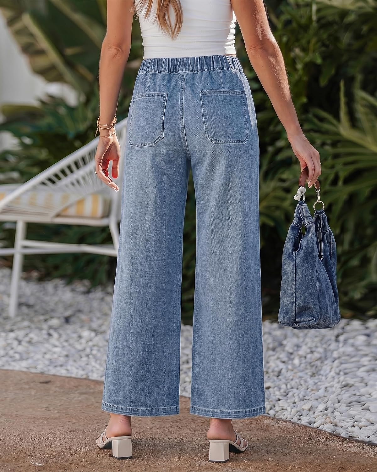image:imageLookbookStore Wide Leg Jeans for Women Elastic Waist Drawstring Denim Pants High Waisted 29 Inch Inseam Stretchy Trendy Pull On Jeans with Pockets Baggy Loose Fit 2026 Fall Winter Western OutfitsModern Blue