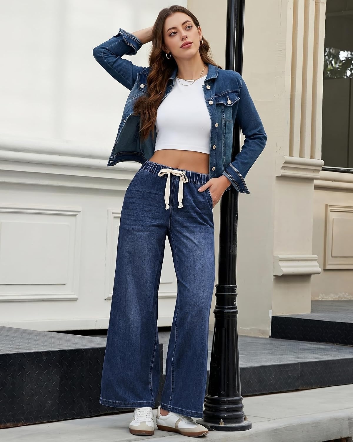 image:imageLookbookStore Wide Leg Jeans for Women Elastic Waist Drawstring Denim Pants High Waisted 29 Inch Inseam Stretchy Trendy Pull On Jeans with Pockets Baggy Loose Fit 2026 Fall Winter Western OutfitsDarkness Blue