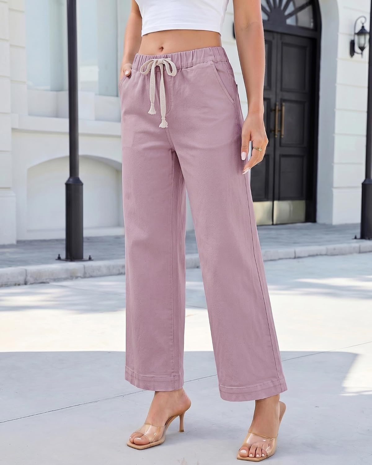 image:imageLookbookStore Wide Leg Jeans for Women Elastic Waist Drawstring Denim Pants High Waisted 29 Inch Inseam Stretchy Trendy Pull On Jeans with Pockets Baggy Loose Fit 2026 Fall Winter Western OutfitsBleached Mauve