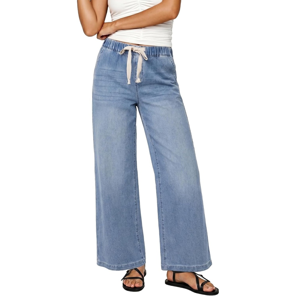image:imageLookbookStore Wide Leg Jeans for Women Elastic Waist Drawstring Denim Pants High Waisted 29 Inch Inseam Stretchy Trendy Pull On Jeans with Pockets Baggy Loose Fit 2026 Fall Winter Western OutfitsModern Blue