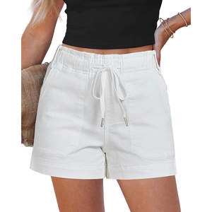 LookbookStore Jean Shorts for Women High Waisted Drawstring Pull On Elastic Waist Stretchy Denim Shorts Wide Leg Jorts(Cream White)