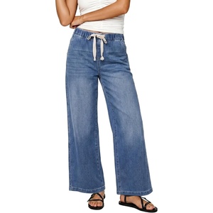 LookbookStore Wide Leg Jeans for Women Elastic Waist Drawstring Denim Pants | High Waisted, 29 Inch Inseam, Stretchy, Trendy Pull On Jeans with Pockets, Baggy Loose Fit, 2026 Fall Winter, Western Outfits(Medium Blue)
