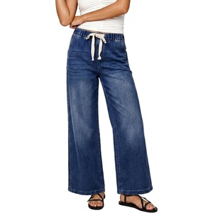 LookbookStore Wide Leg Jeans for Women Elastic Waist Drawstring Denim Pants | High Waisted, 29 Inch Inseam, Stretchy, Trendy Pull On Jeans with Pockets, Baggy Loose Fit, 2026 Fall Winter, Western Outfits(Darkness Blue)