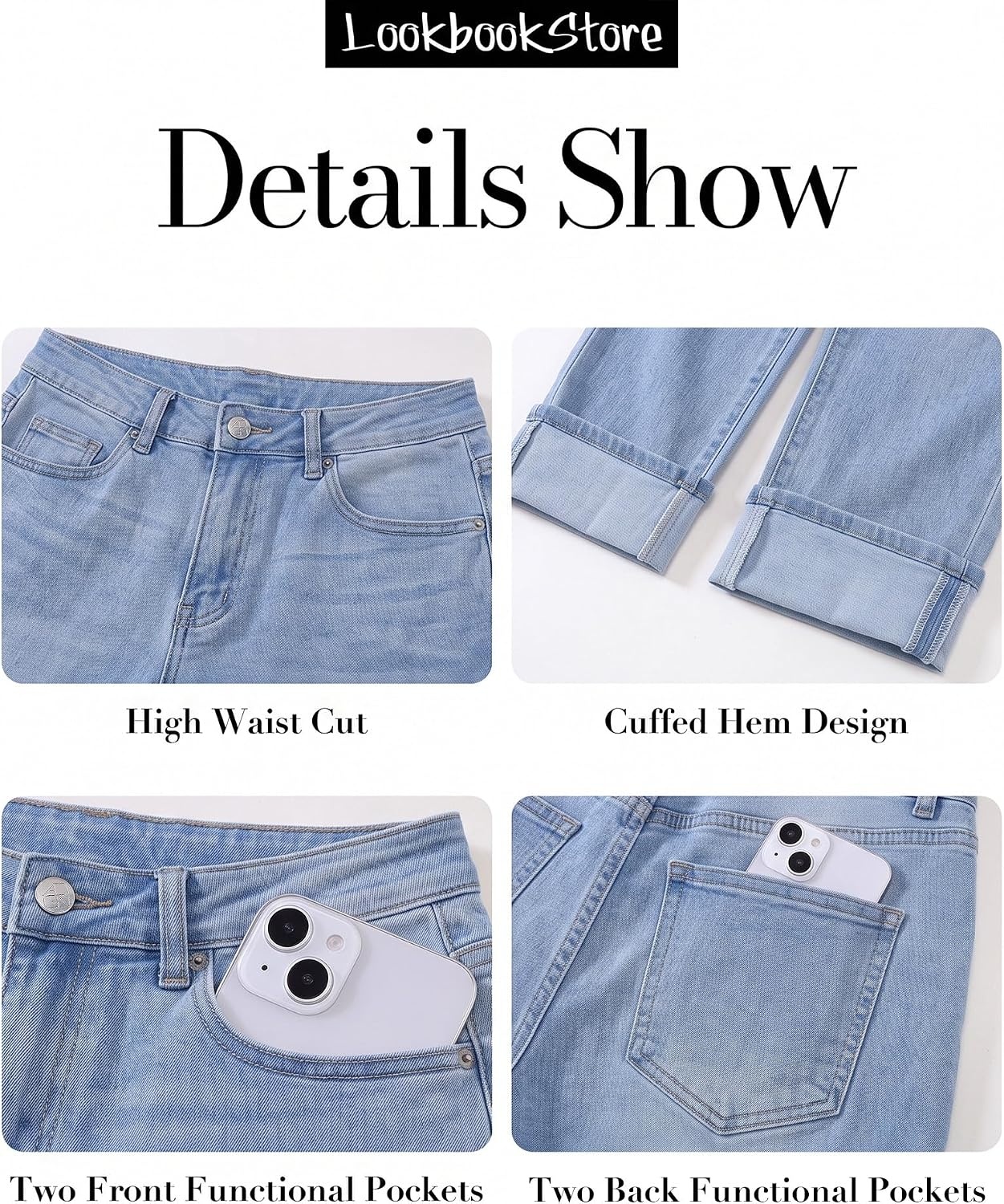 image:imageLookbookStore Straight Leg Jeans for Women High Waist Cropped Denim Pants Cuffed Hem Stretch Denim Fabric Nashville Country Concert Outfits Distressed Wash Detail Classic Five pocket Relaxed FitLagoon Blue