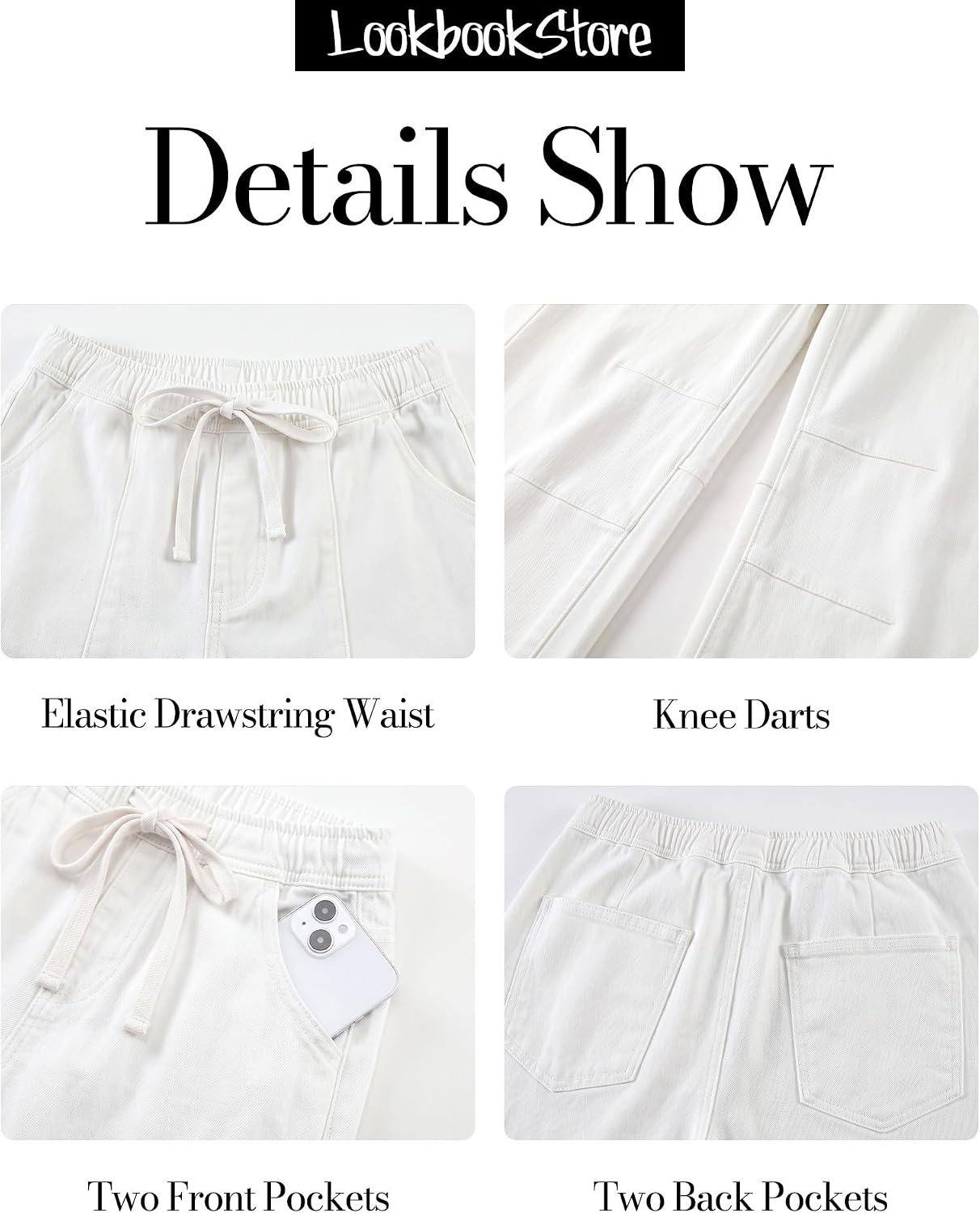 image:imageLookbookStore Barrel Jeans Women High Waisted Drawstring Crop Denim Pants Barrel Leg 27 Inch Inseam Womens Pants High Rise with Elastic Waist Seam Front Pull On Baggy Cropped Jeans Daily CasualCream White