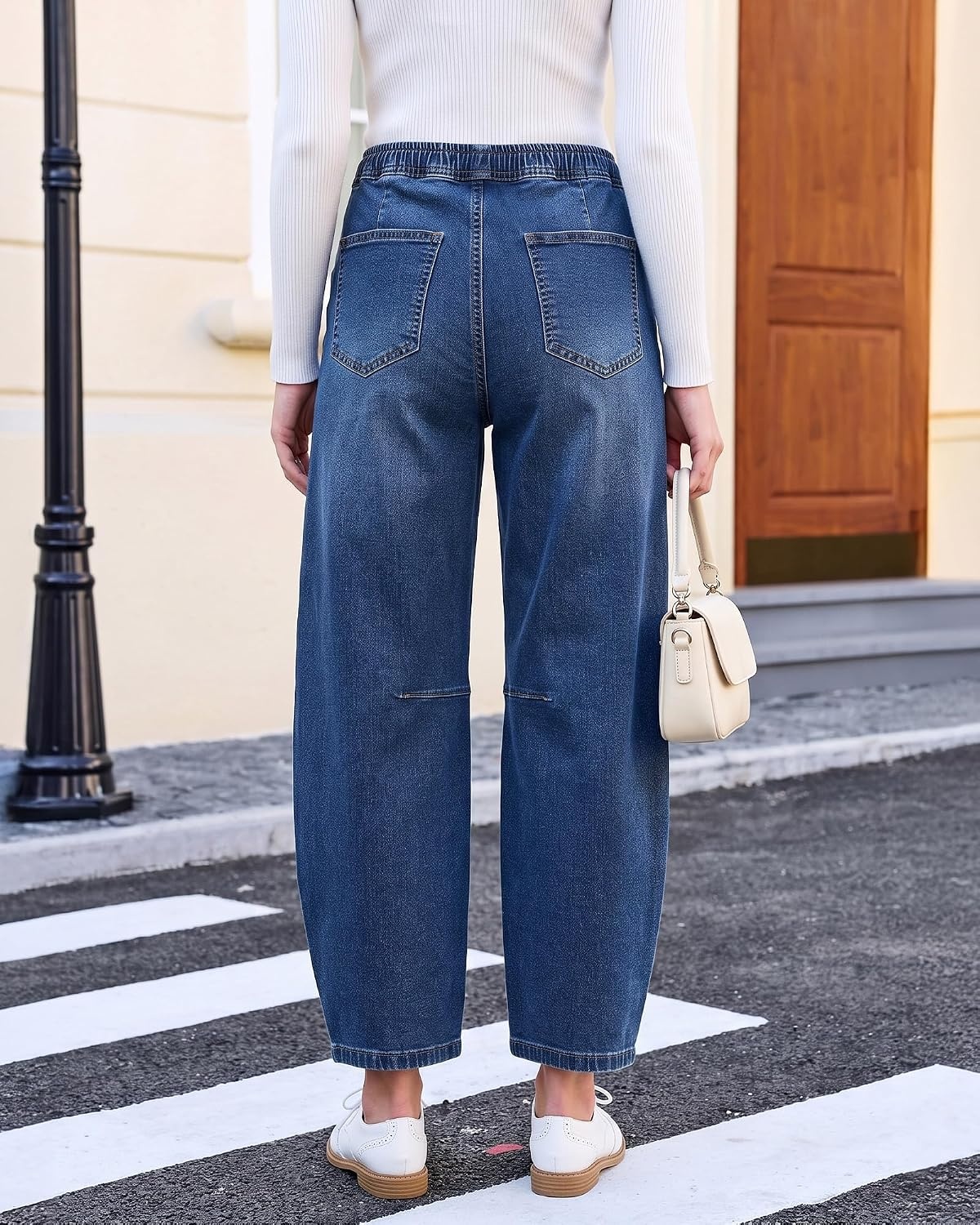 image:imageLookbookStore Barrel Jeans Women High Waisted Drawstring Crop Denim Pants Barrel Leg 27 Inch Inseam Womens Pants High Rise with Elastic Waist Seam Front Pull On Baggy Cropped Jeans Daily CasualClassic Blue