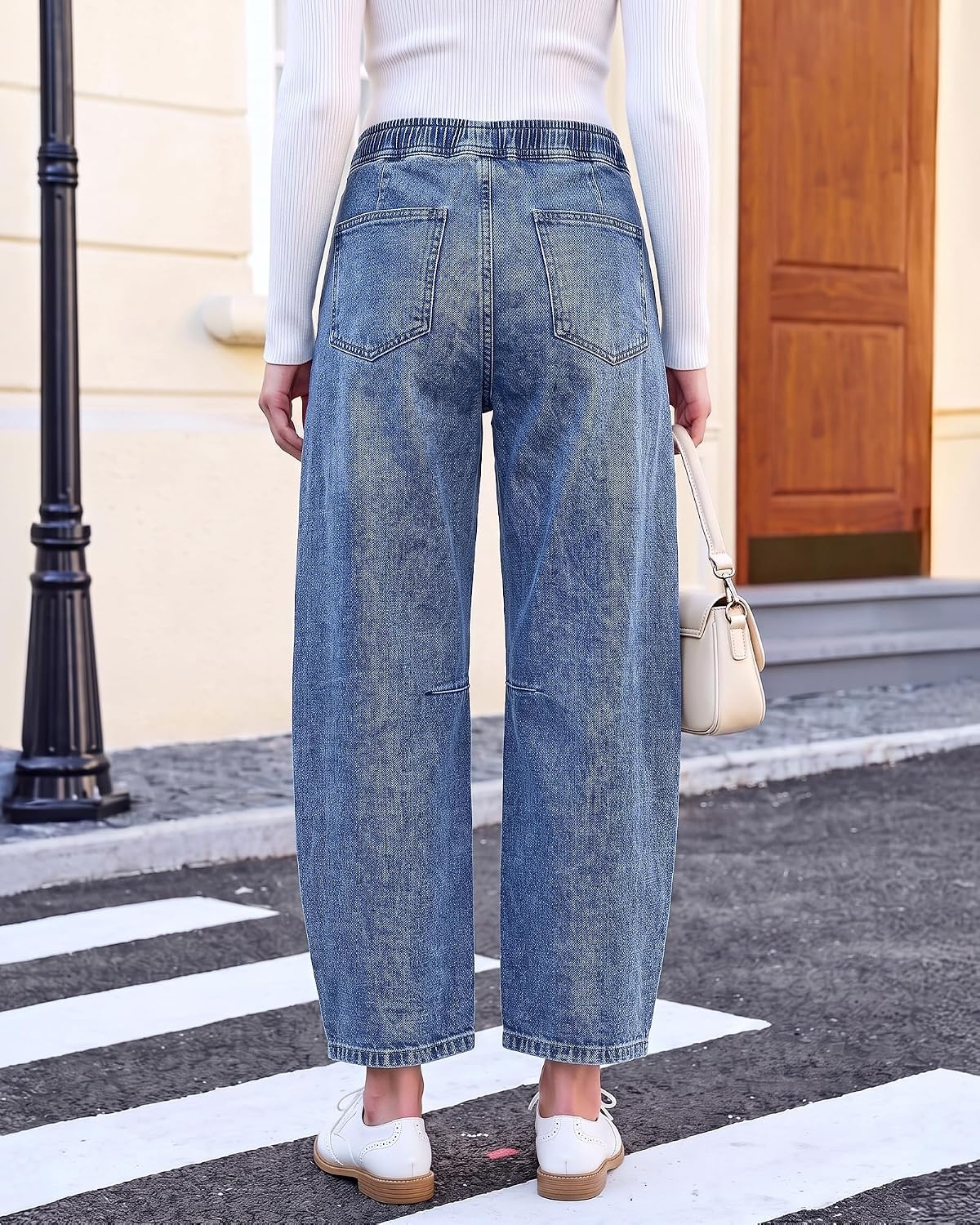 image:imageLookbookStore Barrel Jeans Women High Waisted Drawstring Crop Denim Pants Barrel Leg 27 Inch Inseam Womens Pants High Rise with Elastic Waist Seam Front Pull On Baggy Cropped Jeans Daily CasualMidnight Blue