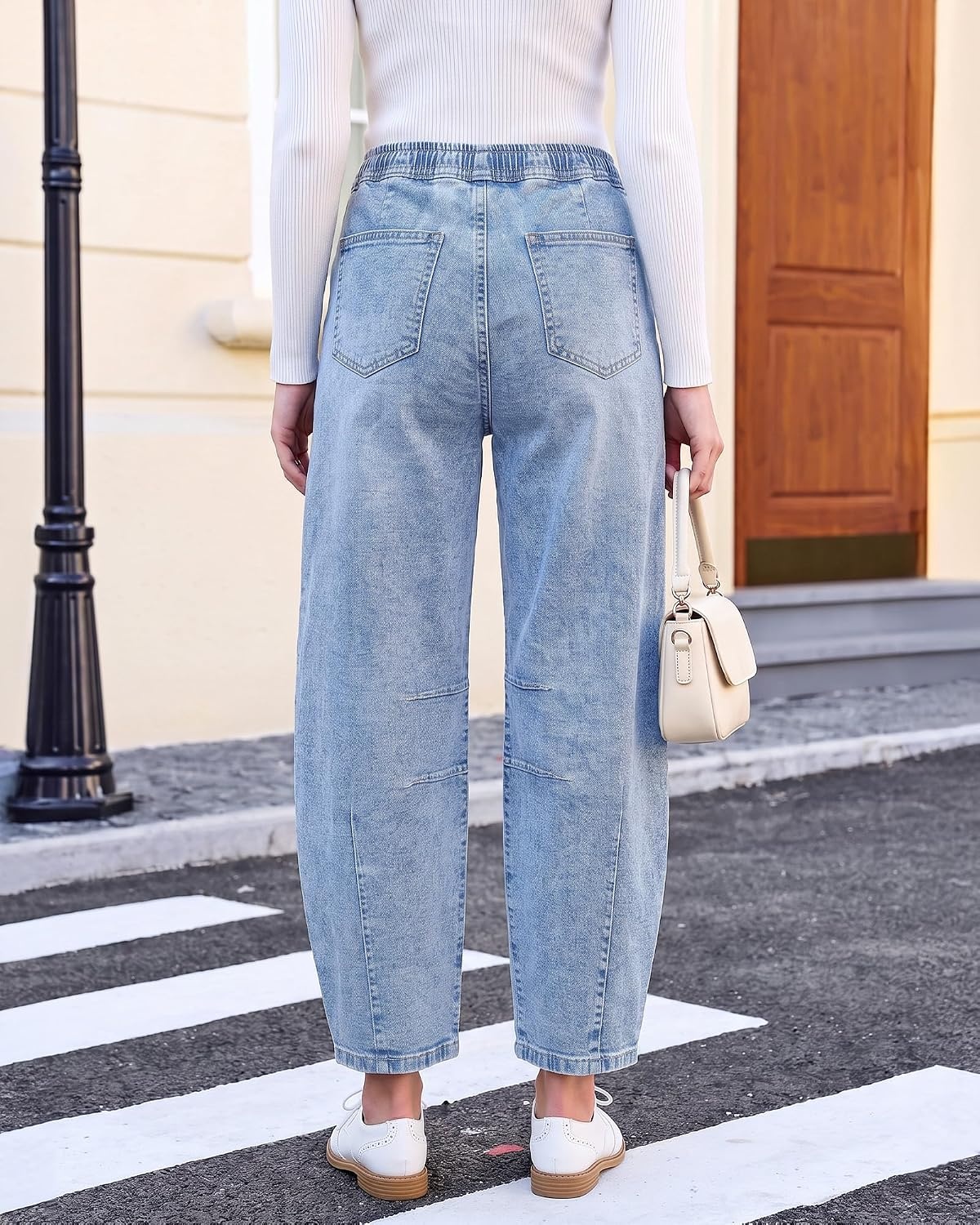 image:imageLookbookStore Barrel Jeans Women High Waisted Drawstring Crop Denim Pants Barrel Leg 27 Inch Inseam Womens Pants High Rise with Elastic Waist Seam Front Pull On Baggy Cropped Jeans Daily CasualReef Blue