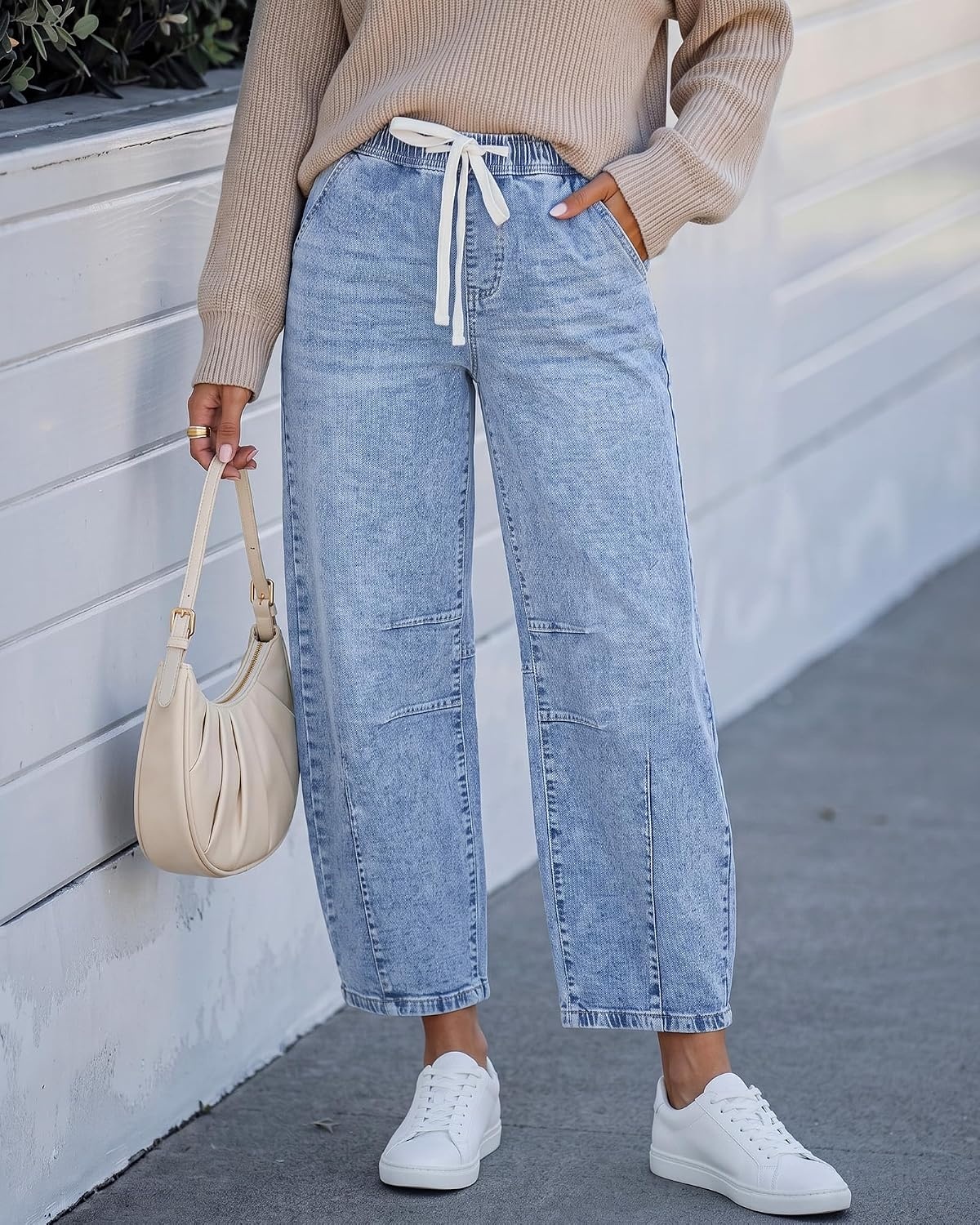 image:imageLookbookStore Barrel Jeans Women High Waisted Drawstring Crop Denim Pants Barrel Leg 27 Inch Inseam Womens Pants High Rise with Elastic Waist Seam Front Pull On Baggy Cropped Jeans Daily CasualReef Blue