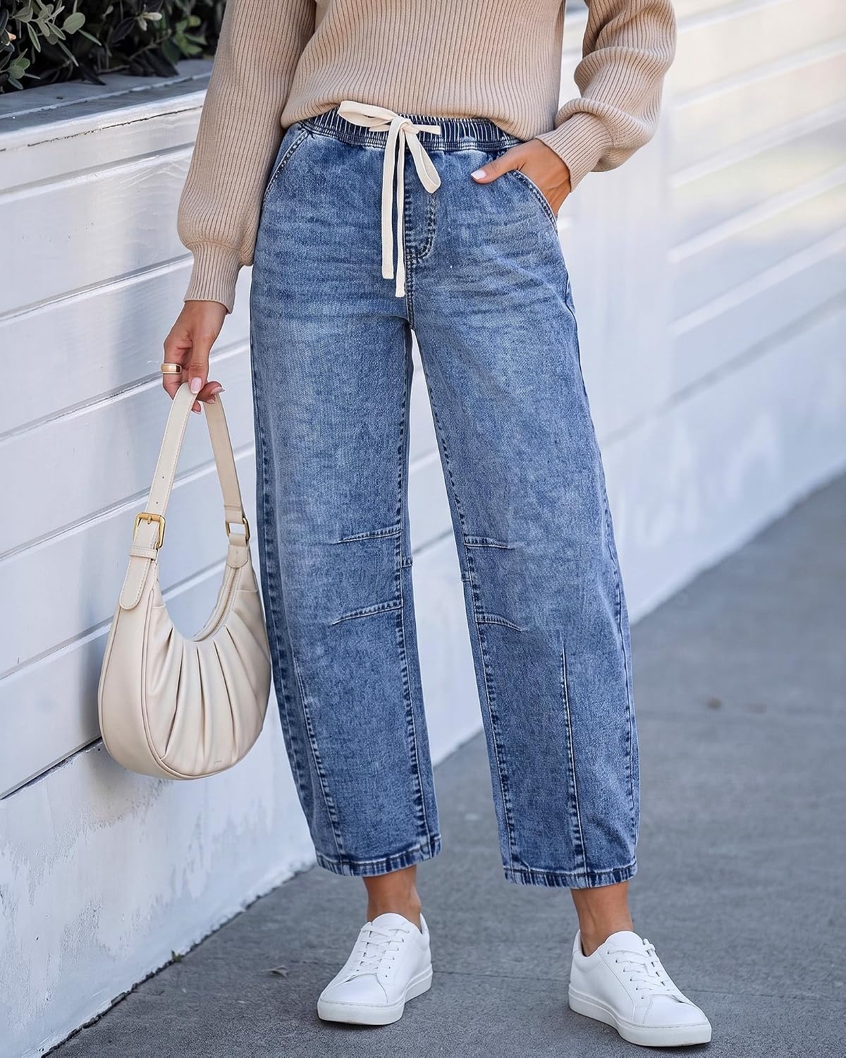 image:imageLookbookStore Barrel Jeans Women High Waisted Drawstring Crop Denim Pants Barrel Leg 27 Inch Inseam Womens Pants High Rise with Elastic Waist Seam Front Pull On Baggy Cropped Jeans Daily CasualMidnight Blue