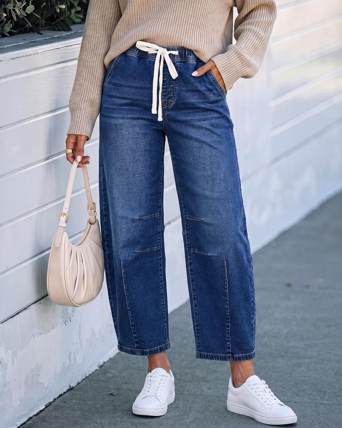 image:imageLookbookStore Barrel Jeans Women High Waisted Drawstring Crop Denim Pants Barrel Leg 27 Inch Inseam Womens Pants High Rise with Elastic Waist Seam Front Pull On Baggy Cropped Jeans Daily CasualClassic Blue