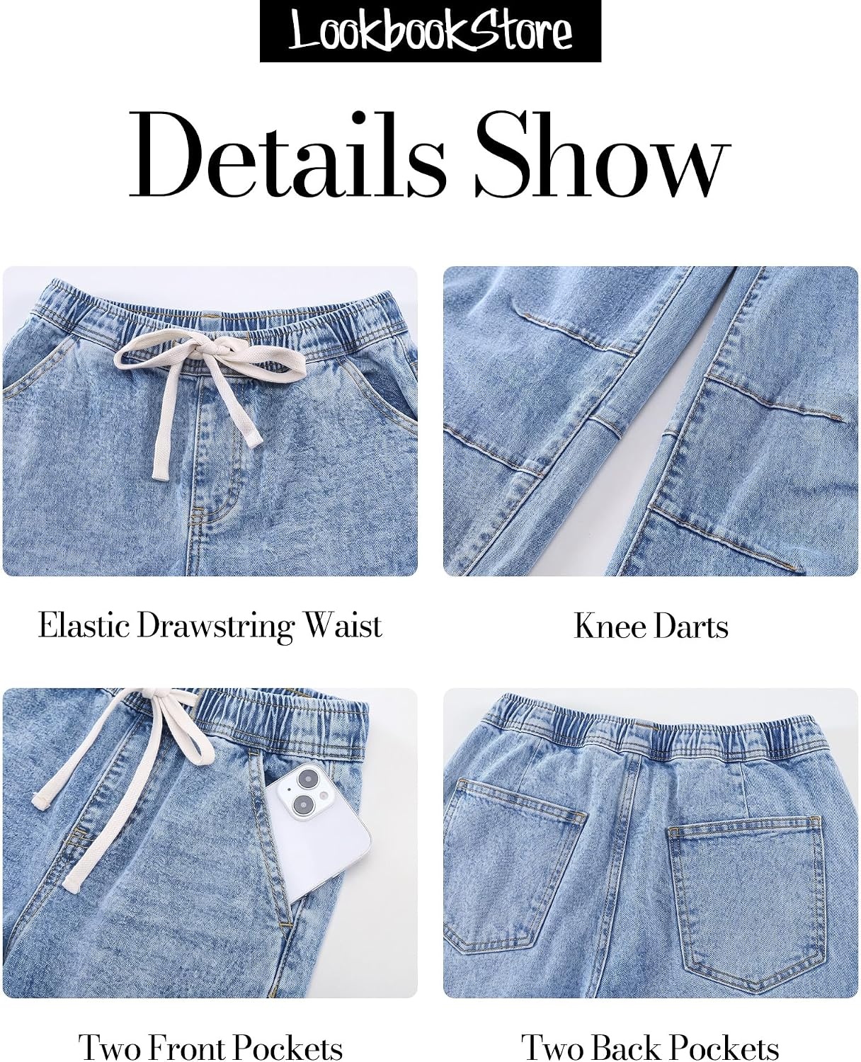 image:imageLookbookStore Barrel Jeans Women High Waisted Drawstring Crop Denim Pants Barrel Leg 27 Inch Inseam Womens Pants High Rise with Elastic Waist Seam Front Pull On Baggy Cropped Jeans Daily CasualReef Blue