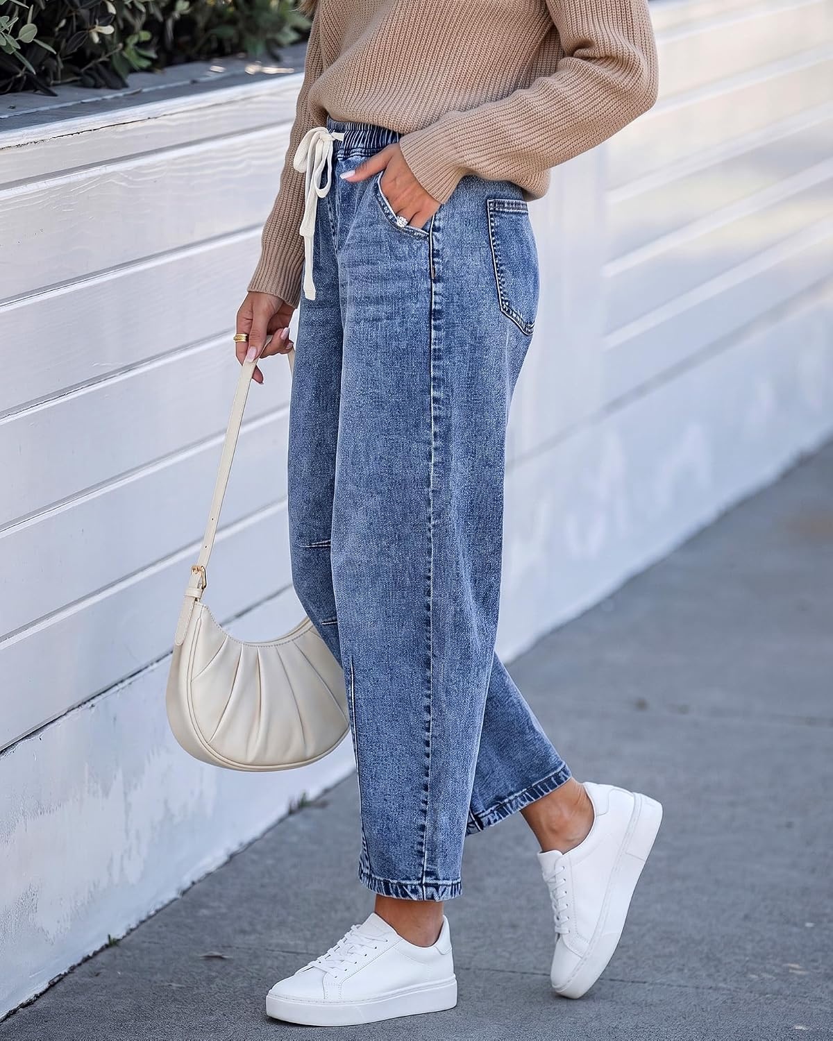 image:imageLookbookStore Barrel Jeans Women High Waisted Drawstring Crop Denim Pants Barrel Leg 27 Inch Inseam Womens Pants High Rise with Elastic Waist Seam Front Pull On Baggy Cropped Jeans Daily CasualMidnight Blue