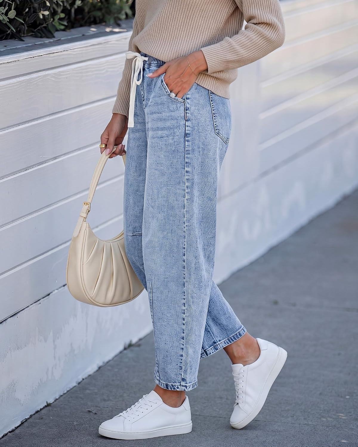 image:imageLookbookStore Barrel Jeans Women High Waisted Drawstring Crop Denim Pants Barrel Leg 27 Inch Inseam Womens Pants High Rise with Elastic Waist Seam Front Pull On Baggy Cropped Jeans Daily CasualReef Blue