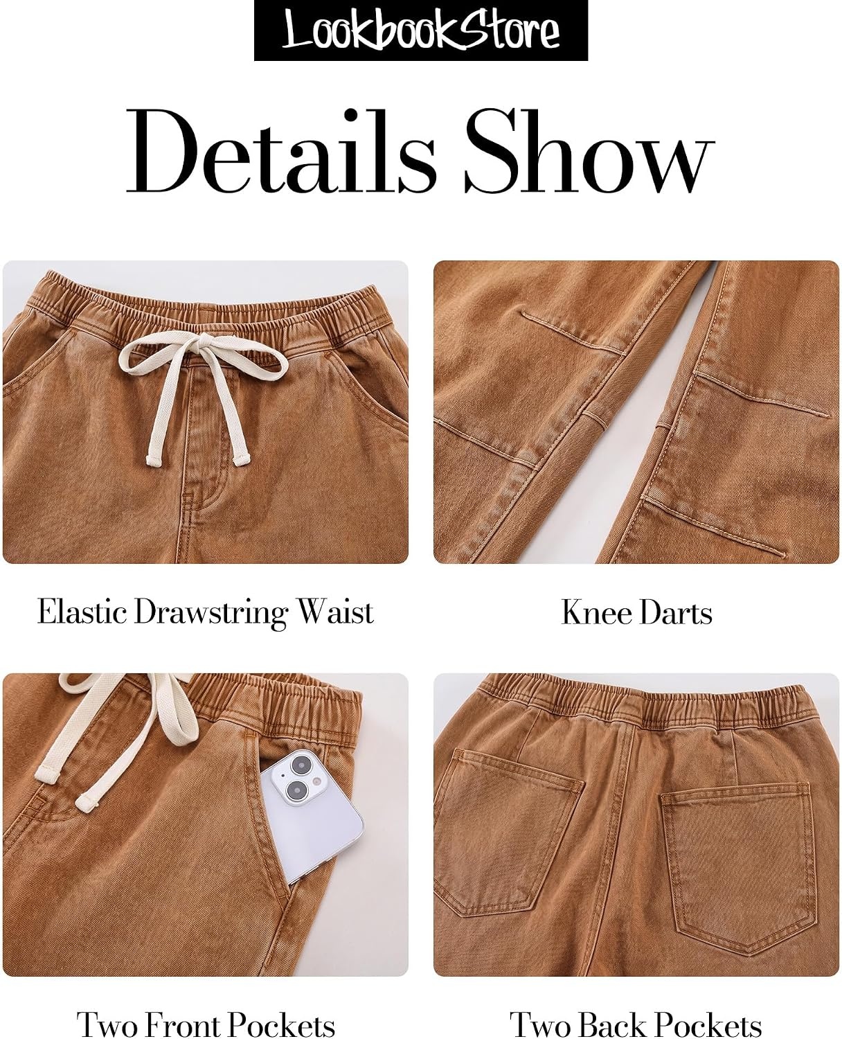 image:imageLookbookStore Barrel Jeans Women High Waisted Drawstring Crop Denim Pants Barrel Leg 27 Inch Inseam Womens Pants High Rise with Elastic Waist Seam Front Pull On Baggy Cropped Jeans Daily CasualCaramel