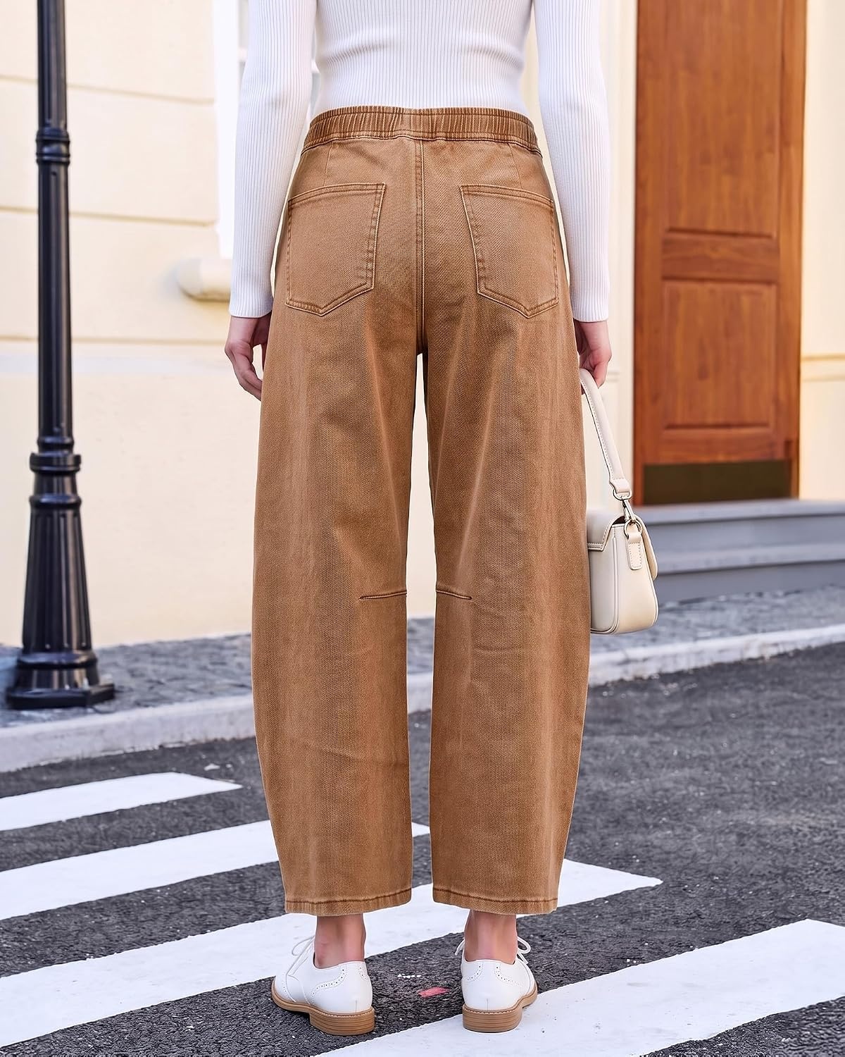 image:imageLookbookStore Barrel Jeans Women High Waisted Drawstring Crop Denim Pants Barrel Leg 27 Inch Inseam Womens Pants High Rise with Elastic Waist Seam Front Pull On Baggy Cropped Jeans Daily CasualCaramel