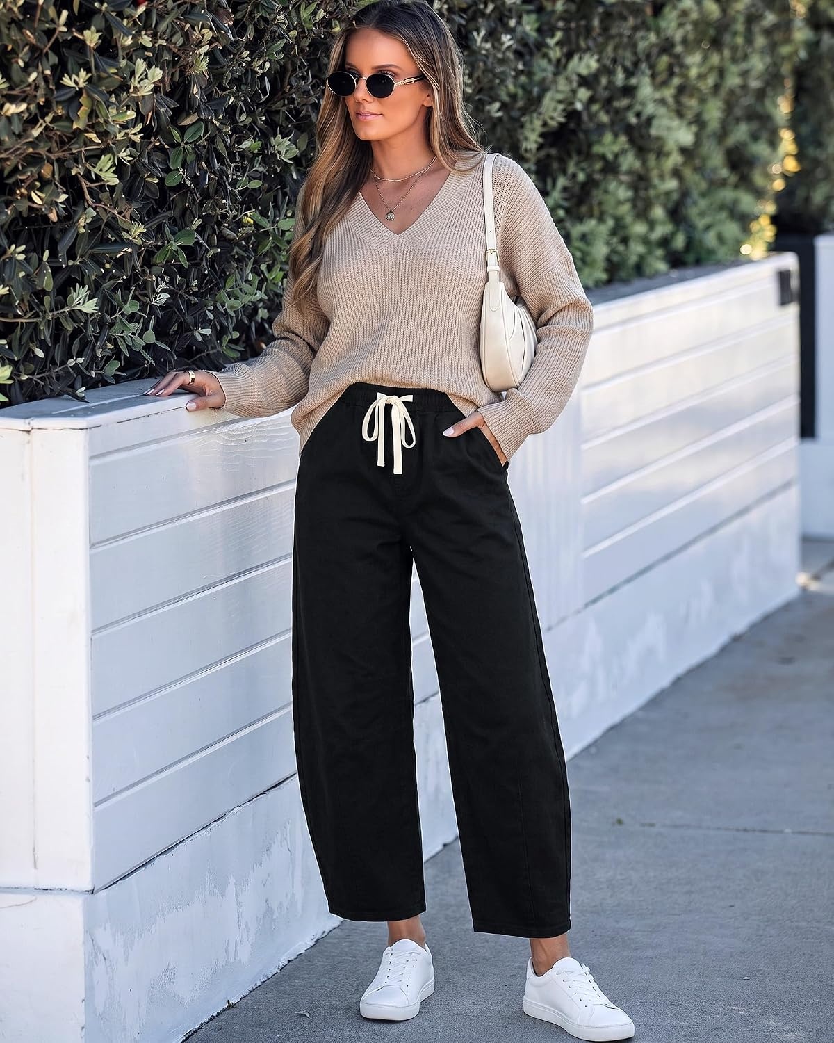 image:imageLookbookStore Barrel Jeans Women High Waisted Drawstring Crop Denim Pants Barrel Leg 27 Inch Inseam Womens Pants High Rise with Elastic Waist Seam Front Pull On Baggy Cropped Jeans Daily CasualTrue Black