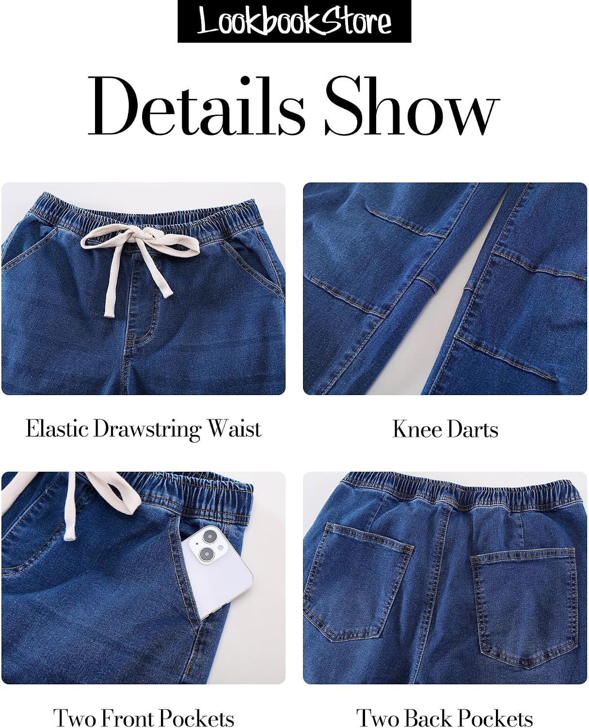 image:imageLookbookStore Barrel Jeans Women High Waisted Drawstring Crop Denim Pants Barrel Leg 27 Inch Inseam Womens Pants High Rise with Elastic Waist Seam Front Pull On Baggy Cropped Jeans Daily CasualClassic Blue