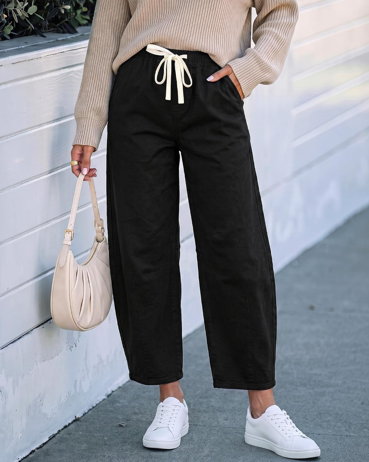 image:imageLookbookStore Barrel Jeans Women High Waisted Drawstring Crop Denim Pants Barrel Leg 27 Inch Inseam Womens Pants High Rise with Elastic Waist Seam Front Pull On Baggy Cropped Jeans Daily CasualTrue Black