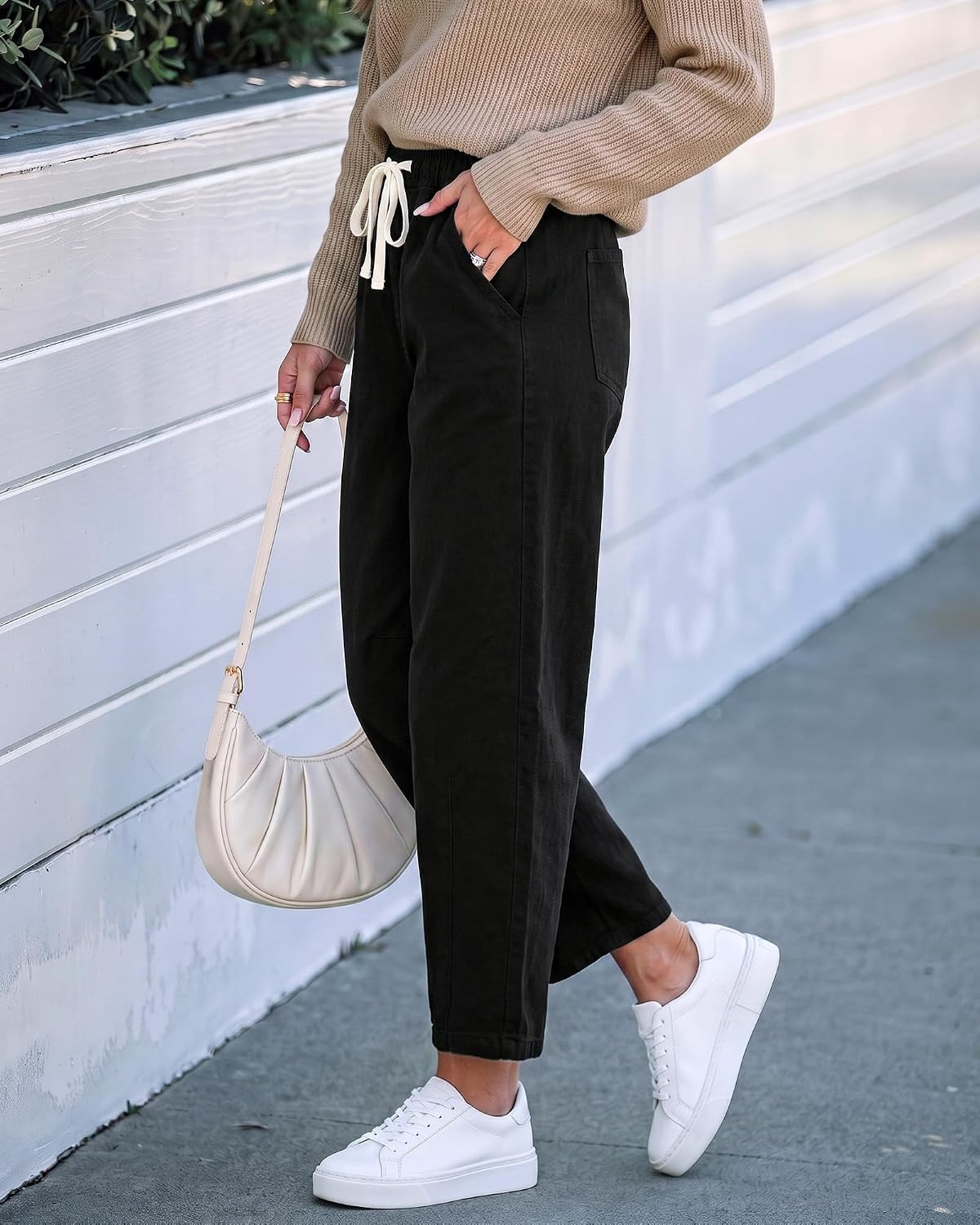 image:imageLookbookStore Barrel Jeans Women High Waisted Drawstring Crop Denim Pants Barrel Leg 27 Inch Inseam Womens Pants High Rise with Elastic Waist Seam Front Pull On Baggy Cropped Jeans Daily CasualTrue Black