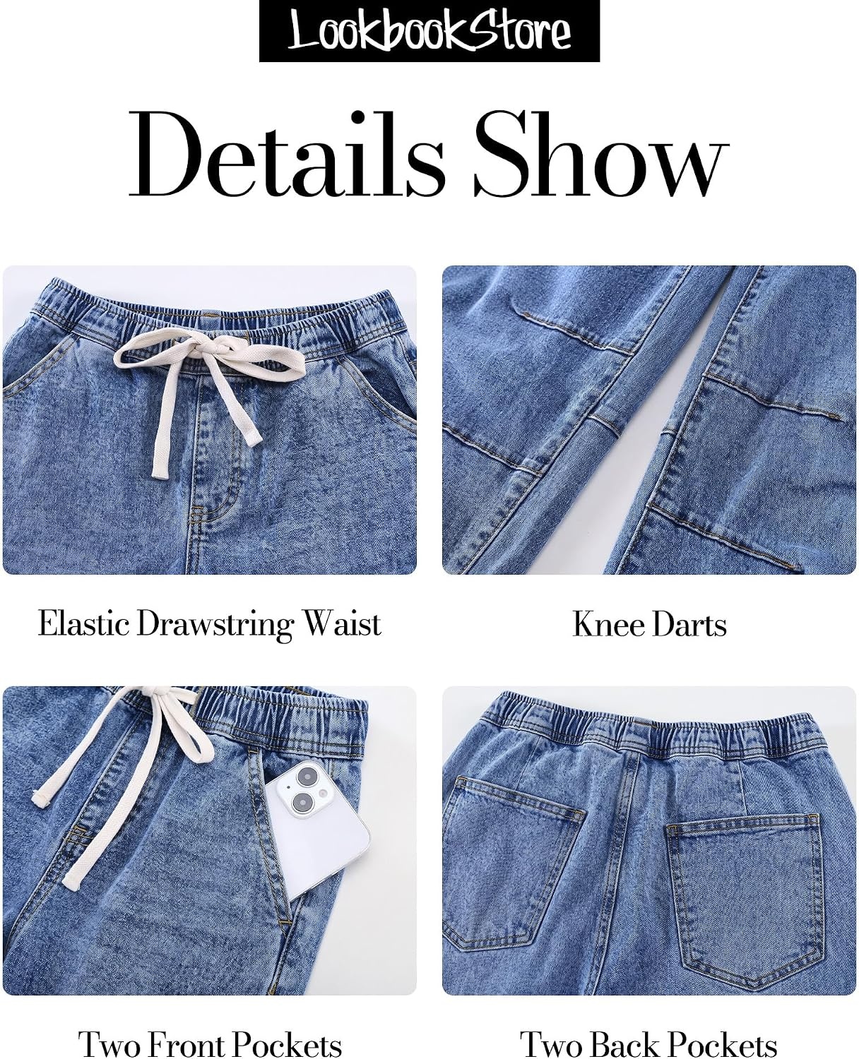 image:imageLookbookStore Barrel Jeans Women High Waisted Drawstring Crop Denim Pants Barrel Leg 27 Inch Inseam Womens Pants High Rise with Elastic Waist Seam Front Pull On Baggy Cropped Jeans Daily CasualMidnight Blue