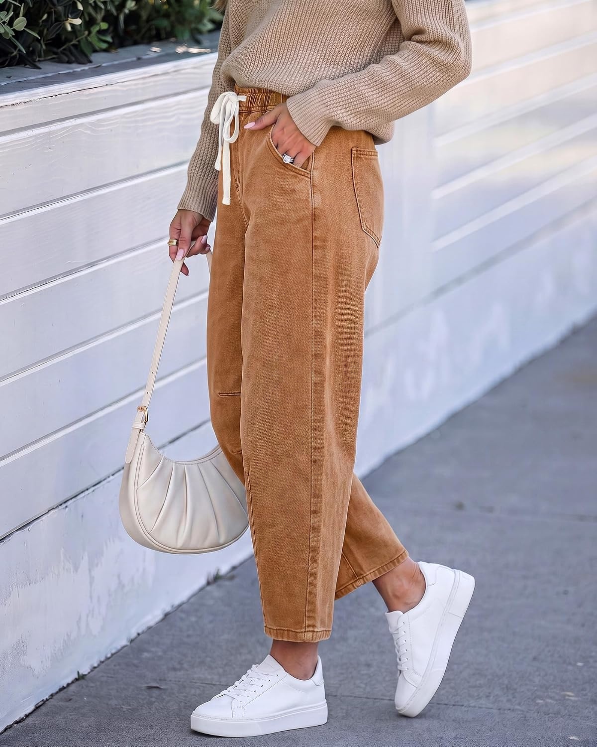 image:imageLookbookStore Barrel Jeans Women High Waisted Drawstring Crop Denim Pants Barrel Leg 27 Inch Inseam Womens Pants High Rise with Elastic Waist Seam Front Pull On Baggy Cropped Jeans Daily CasualCaramel