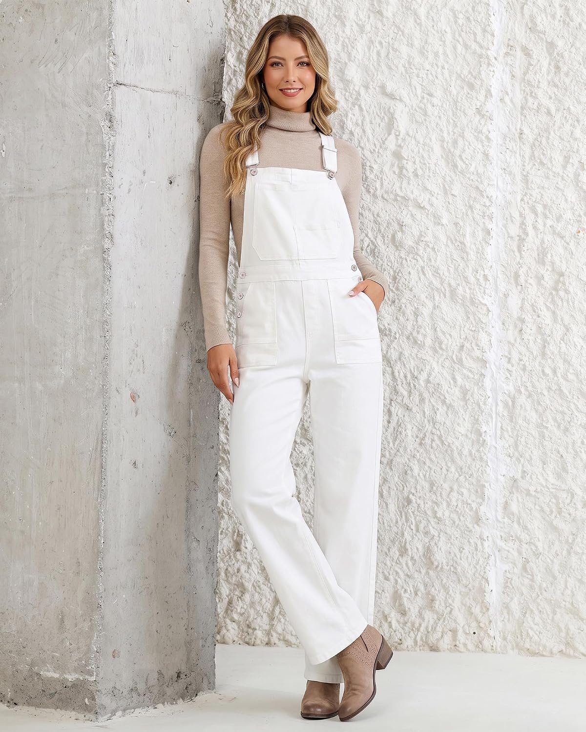 image:imageLookbookStore Denim Overalls for Women Stretchy Straight Leg Bib Jumpsuits Adjustable Bib Straps 275 Inch Inseam Relaxed Baggy Loose Fit Jean Overalls Denim Jumpsuit for Women Daily Wear amp WorkCream White