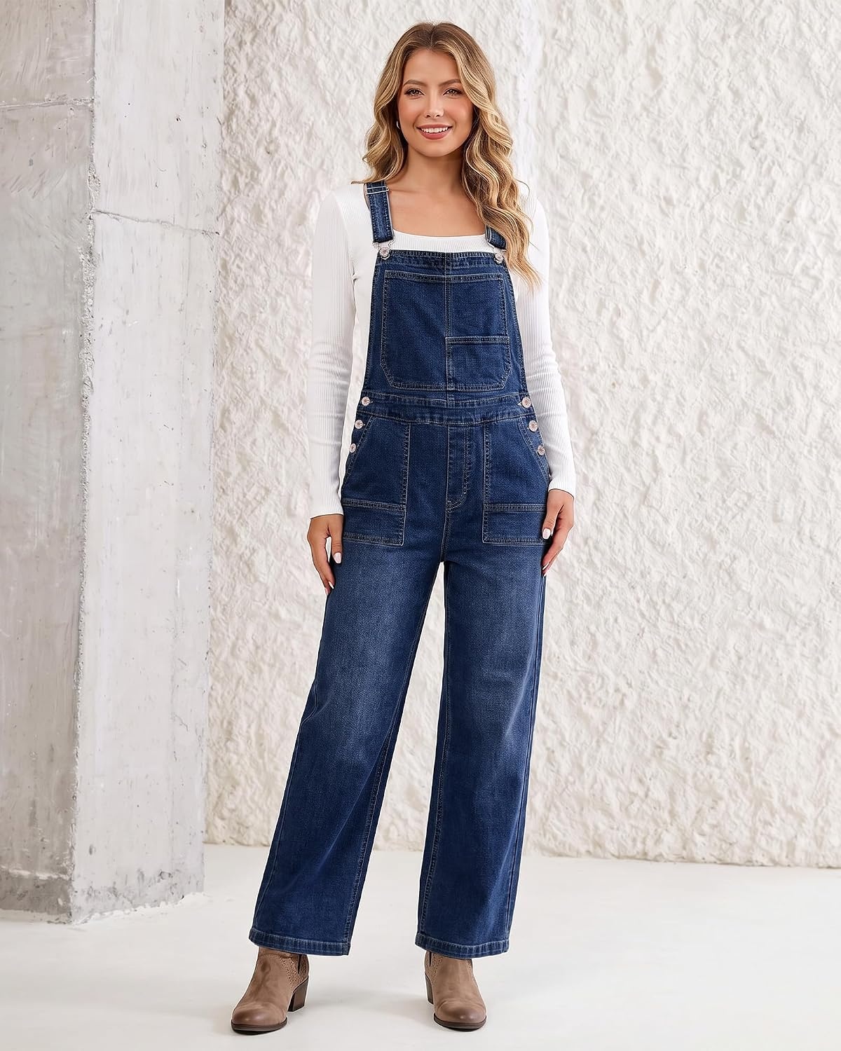 image:imageLookbookStore Denim Overalls for Women Stretchy Straight Leg Bib Jumpsuits Adjustable Bib Straps 275 Inch Inseam Relaxed Baggy Loose Fit Jean Overalls Denim Jumpsuit for Women Daily Wear amp WorkClassic Blue