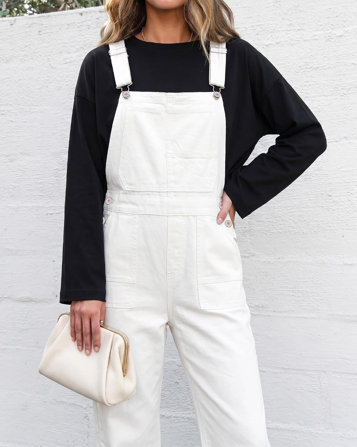 image:imageLookbookStore Denim Overalls for Women Stretchy Straight Leg Bib Jumpsuits Adjustable Bib Straps 275 Inch Inseam Relaxed Baggy Loose Fit Jean Overalls Denim Jumpsuit for Women Daily Wear amp WorkCream White
