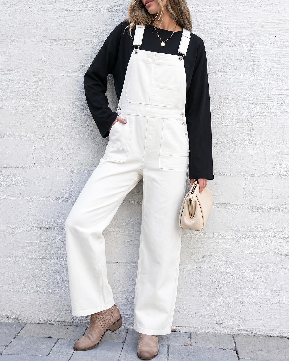 image:imageLookbookStore Denim Overalls for Women Stretchy Straight Leg Bib Jumpsuits Adjustable Bib Straps 275 Inch Inseam Relaxed Baggy Loose Fit Jean Overalls Denim Jumpsuit for Women Daily Wear amp WorkCream White