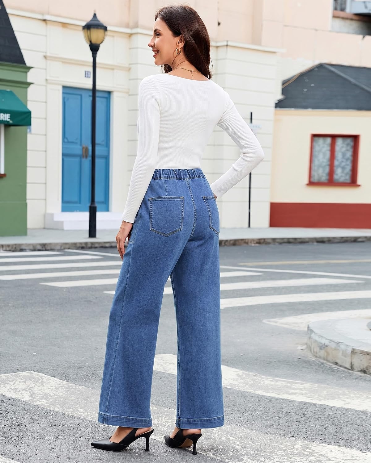 image:imageLookbookStore Drawstring Wide Leg Jeans for Women Baggy Pull On Denim Pants High Rise Elastic Waistband Western Chic Style Patch Pockets Country Concert Outfits Adjustable Drawstring Stretch DenimMedium Blue