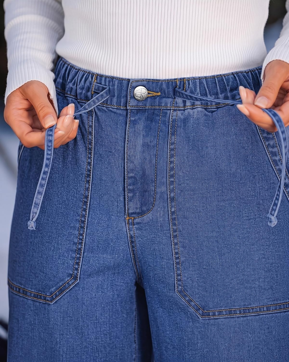 image:imageLookbookStore Drawstring Wide Leg Jeans for Women Baggy Pull On Denim Pants High Rise Elastic Waistband Western Chic Style Patch Pockets Country Concert Outfits Adjustable Drawstring Stretch DenimClassic Blue
