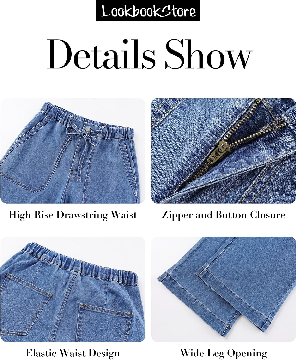 image:imageLookbookStore Drawstring Wide Leg Jeans for Women Baggy Pull On Denim Pants High Rise Elastic Waistband Western Chic Style Patch Pockets Country Concert Outfits Adjustable Drawstring Stretch DenimMedium Blue