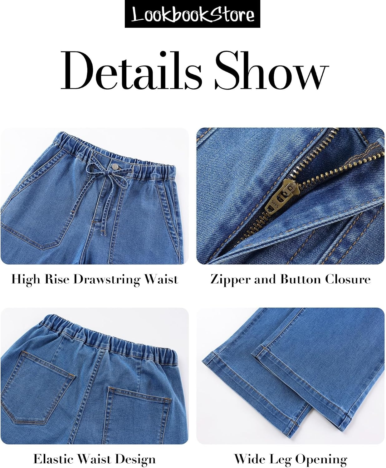 image:imageLookbookStore Drawstring Wide Leg Jeans for Women Baggy Pull On Denim Pants High Rise Elastic Waistband Western Chic Style Patch Pockets Country Concert Outfits Adjustable Drawstring Stretch DenimClassic Blue