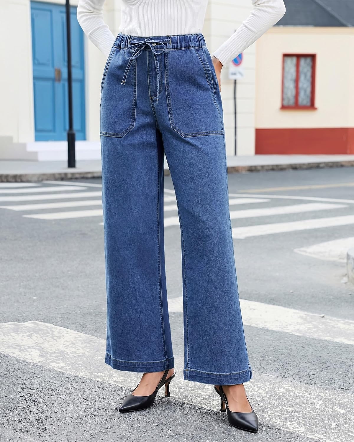 image:imageLookbookStore Drawstring Wide Leg Jeans for Women Baggy Pull On Denim Pants High Rise Elastic Waistband Western Chic Style Patch Pockets Country Concert Outfits Adjustable Drawstring Stretch DenimClassic Blue