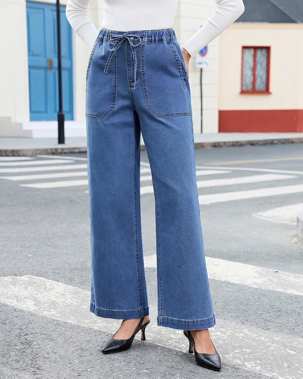 image:imageLookbookStore Drawstring Wide Leg Jeans for Women Baggy Pull On Denim Pants High Rise Elastic Waistband Western Chic Style Patch Pockets Country Concert Outfits Adjustable Drawstring Stretch DenimMedium Blue