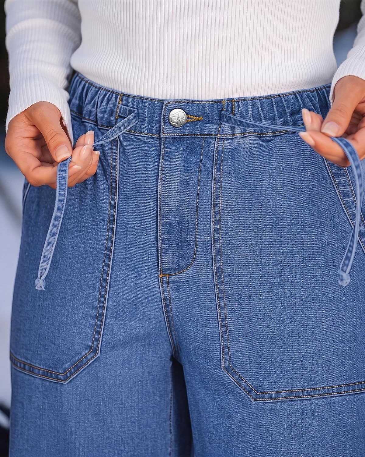 image:imageLookbookStore Drawstring Wide Leg Jeans for Women Baggy Pull On Denim Pants High Rise Elastic Waistband Western Chic Style Patch Pockets Country Concert Outfits Adjustable Drawstring Stretch DenimMedium Blue